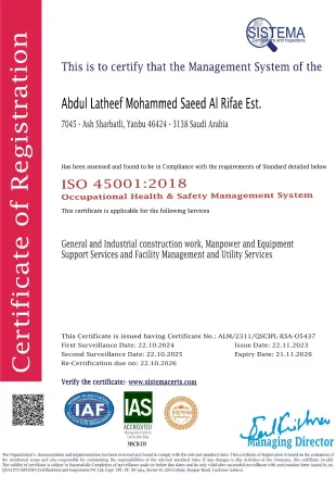 ISO 45001:2018 Occupational Health and Safety Management System certificate